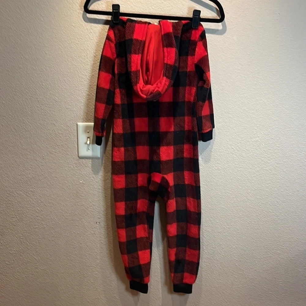 Cat & Jack Buffalo Plaid Plush Fleece One Piece Sleeper with Hood Size 4 Red